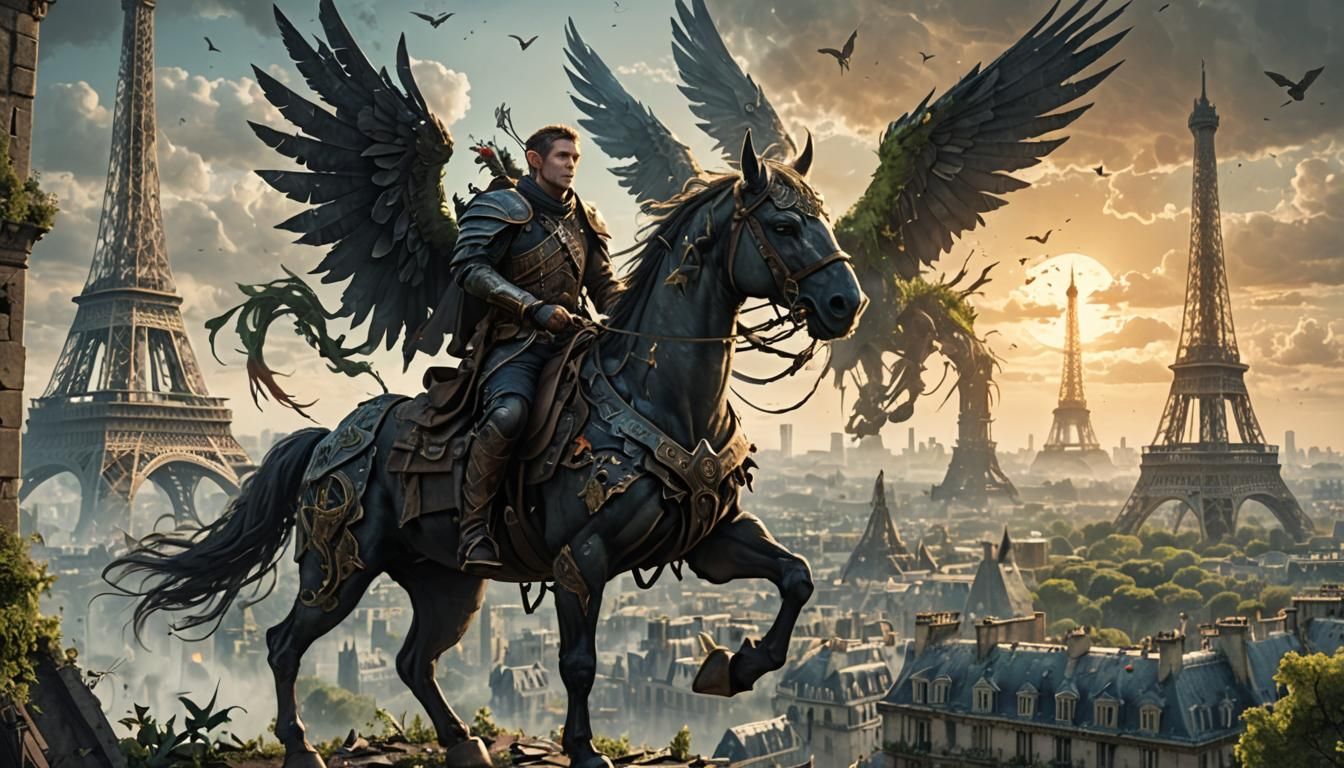 Elf-Human Warrior on Pegasus Over Paris Ruins