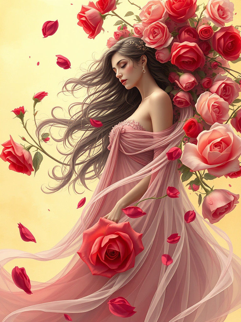 Lady and Roses in Swirling Motion, Digital Painting