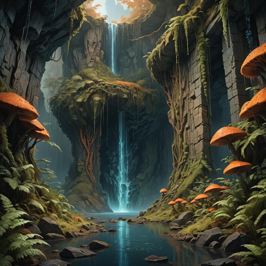 Hollow Earth Entrance Behind Waterfall, Matte Painting
