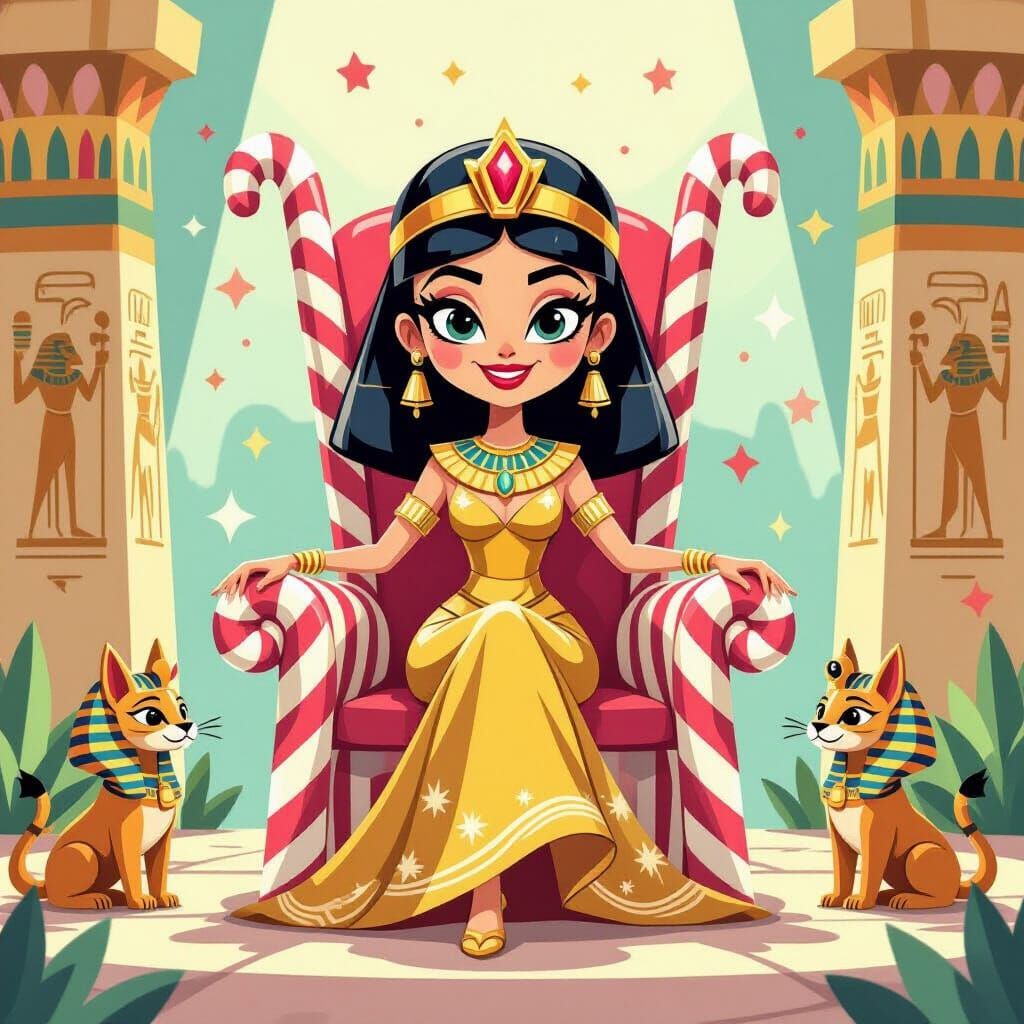 Whimsical Cartoon Egyptian Queen on Candy Throne