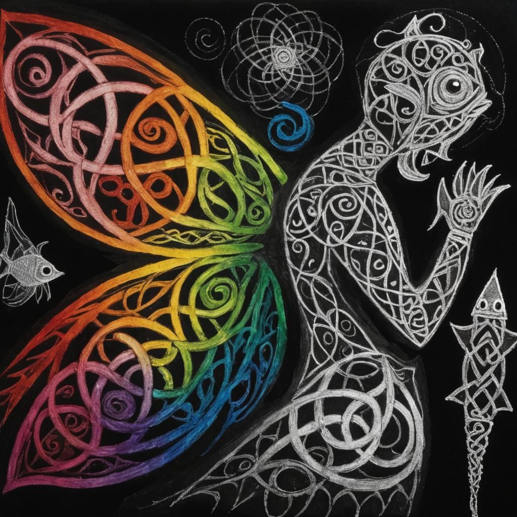 Surreal Celtic Fish in Childlike Crayon Drawing