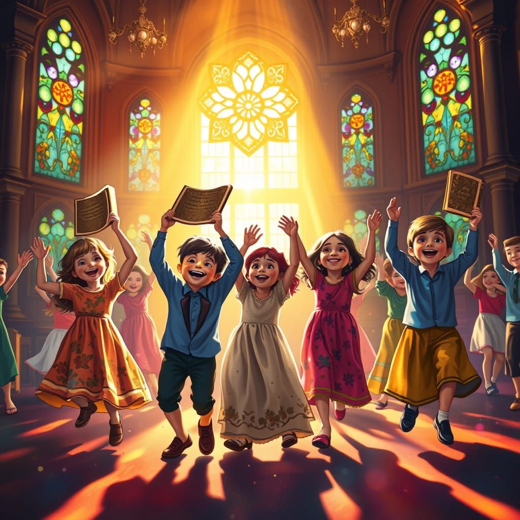 Children Celebrate with Torah Scrolls in Synagogue