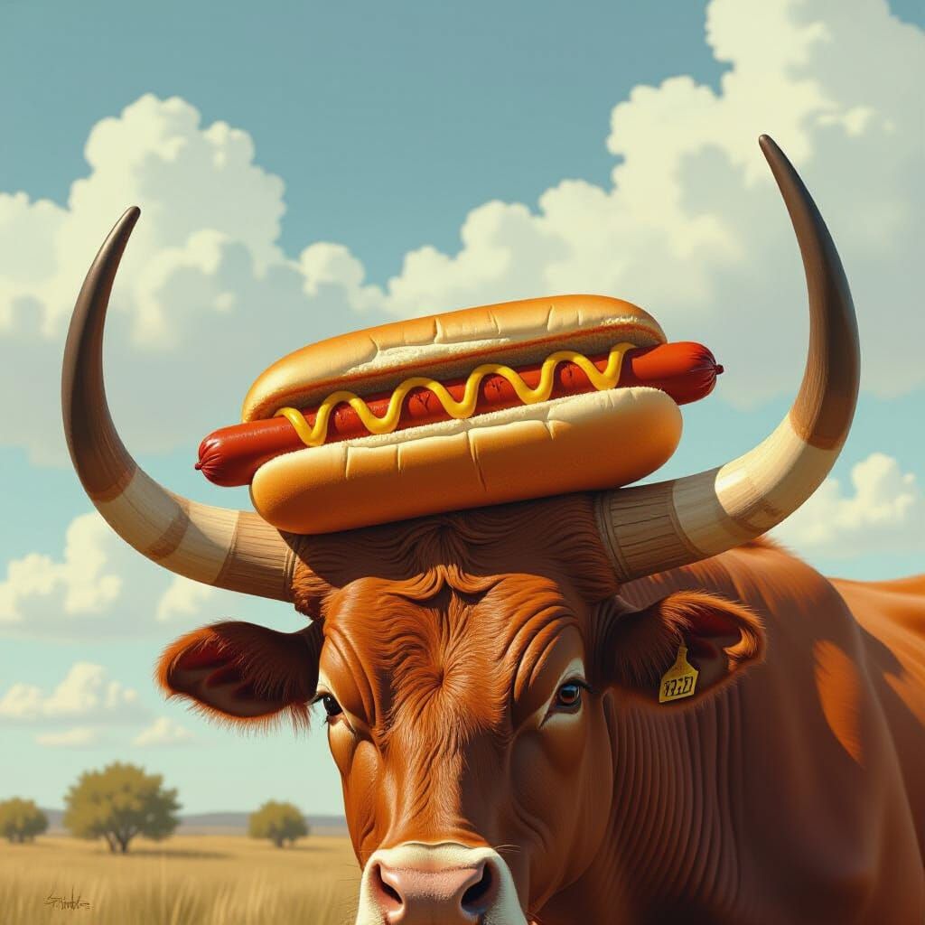 Leather-Wrapped Hotdog on Longhorn Horn in Dystopian Realism