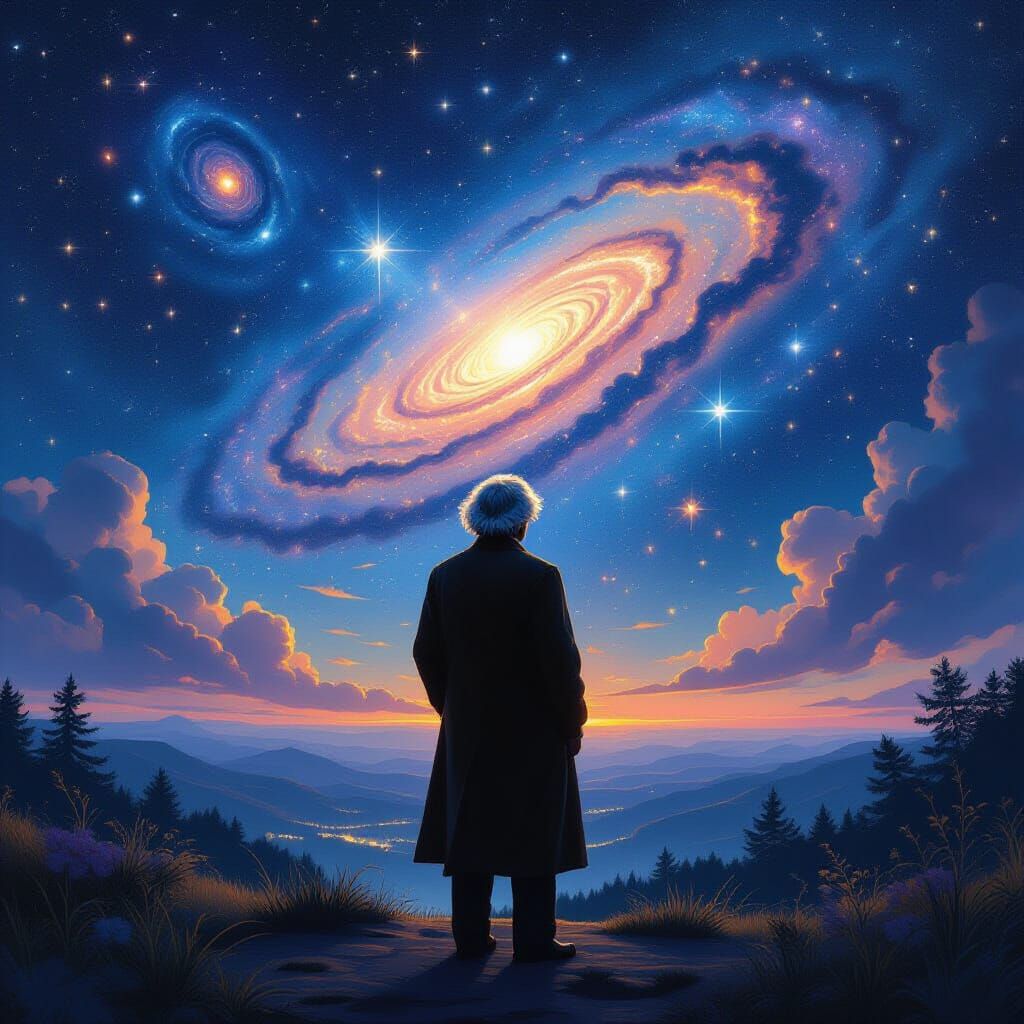 Einstein Among Swirling Galaxies in Ethereal Digital Art