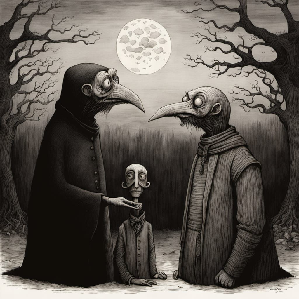 Gothic Horror Figures Chatting with Multiple Mouths