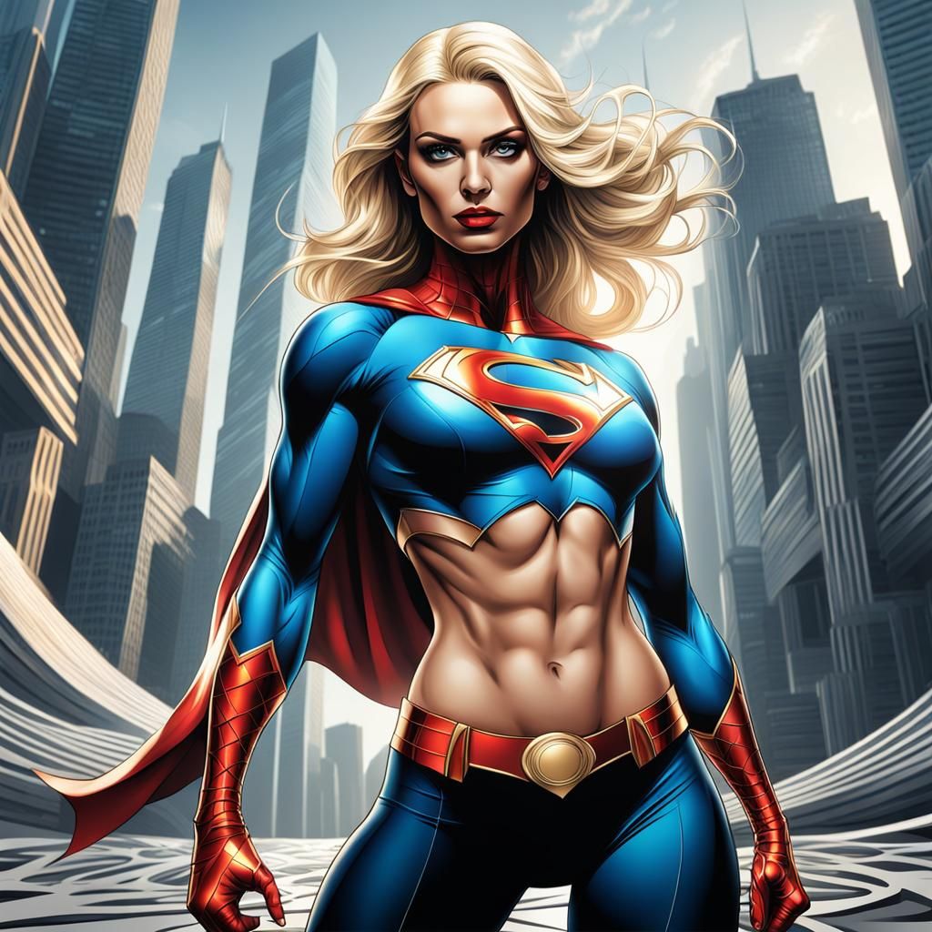Blonde Superhero with Abstract Fractal Design