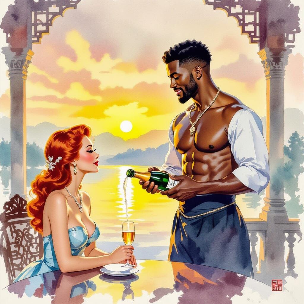 Serene Sunrise Vista in Watercolor Gouache Style