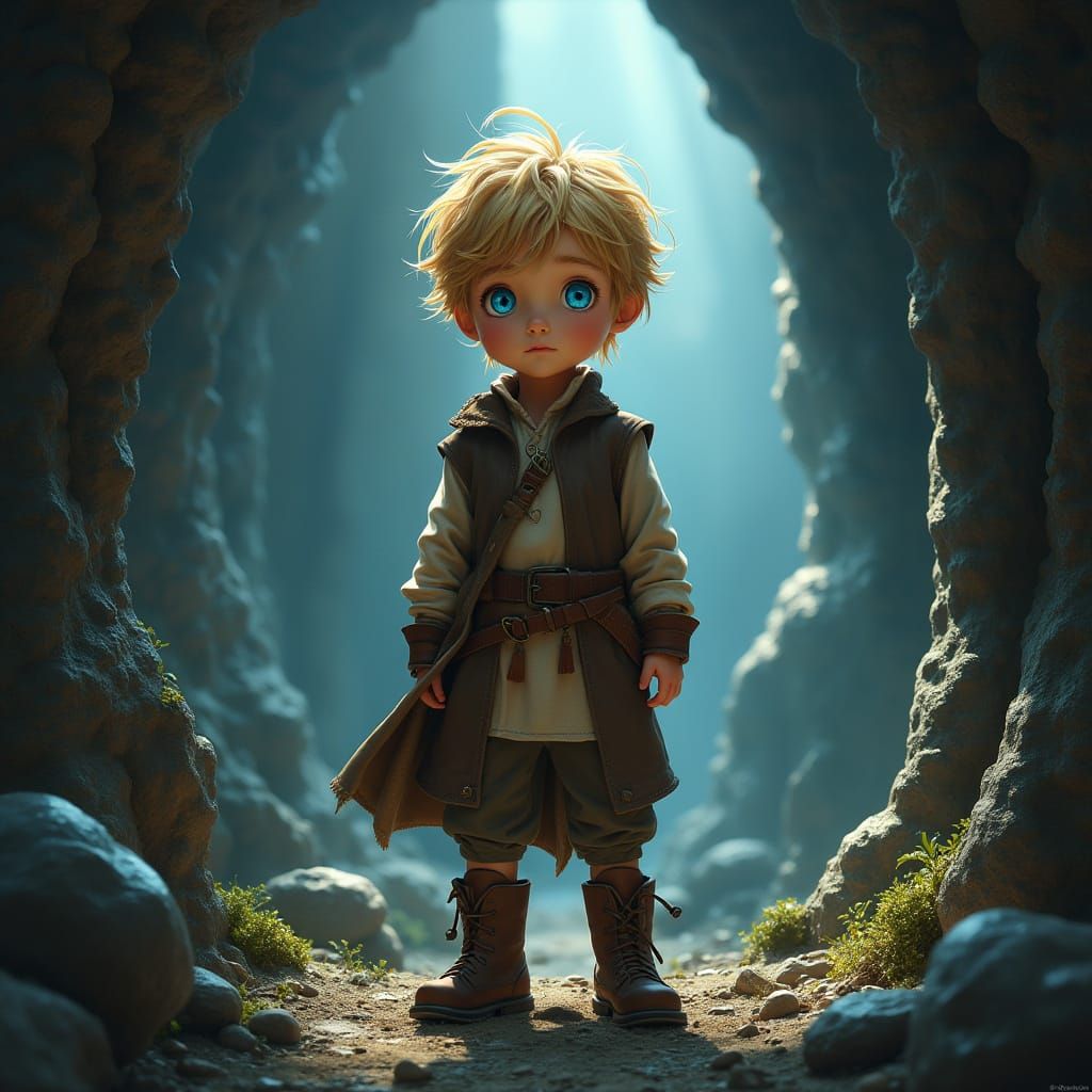 Medieval Boy in Mystical Cave, Realistic Fantasy Art