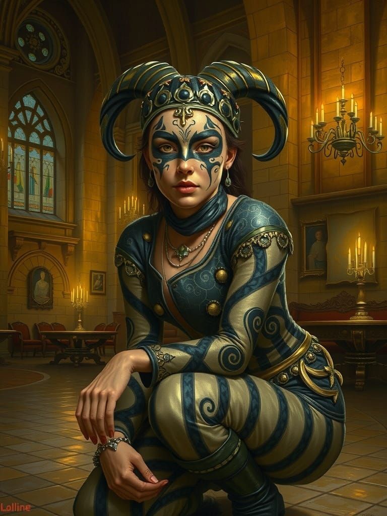 Beautiful Harlequin in Medieval Hall