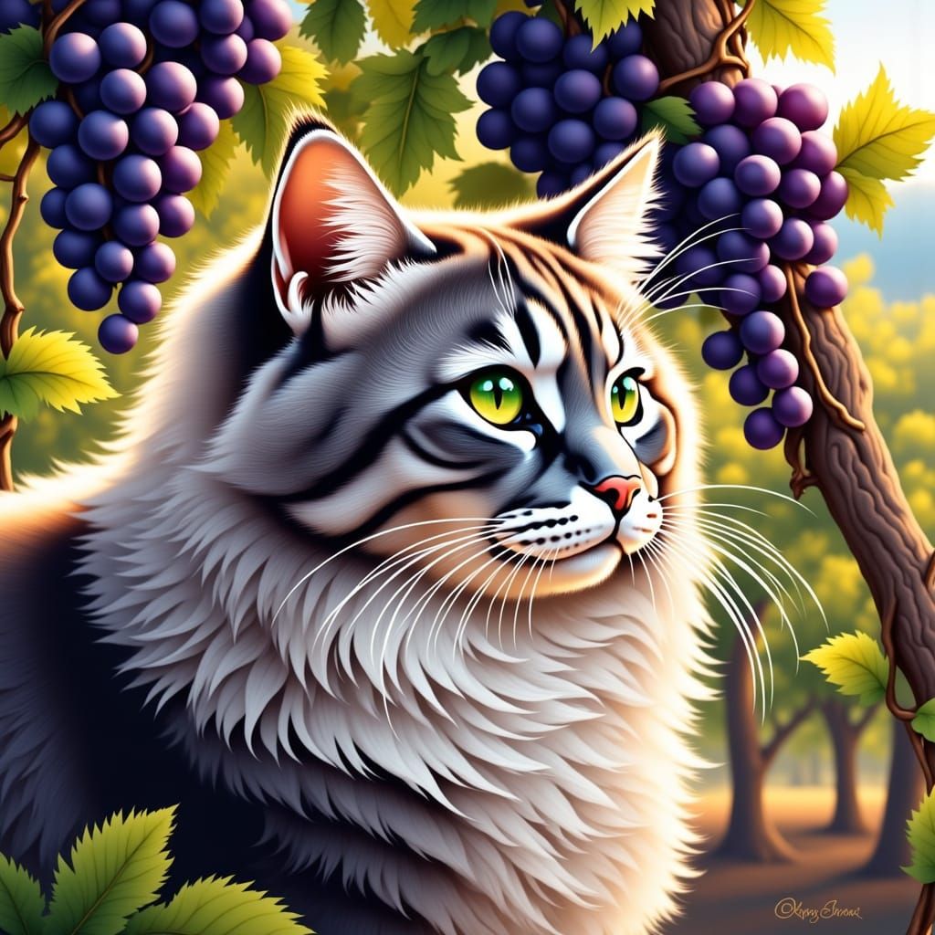 Grey Cat Amidst Vibrant Vineyard in Impressionist Style
