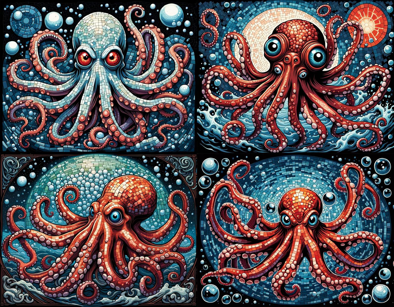 Surreal Eyeball Octopus in Japanese Mosaic Comic Art