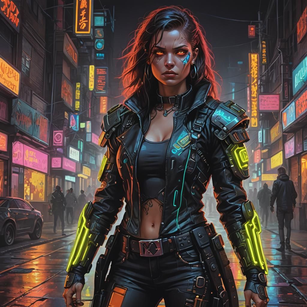 Cyberpunk Street Warrior Woman in Neon Horror