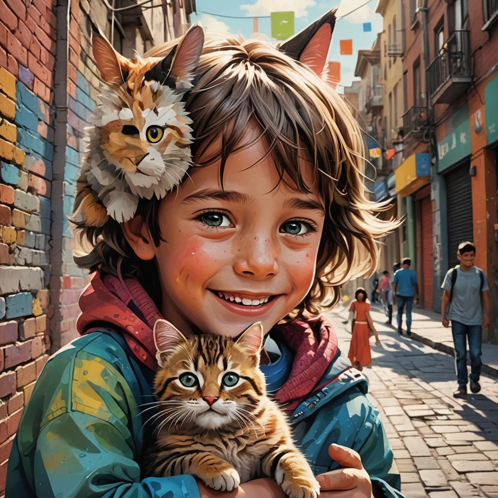 Child Embraces Kitten in Plastimation 3D Style