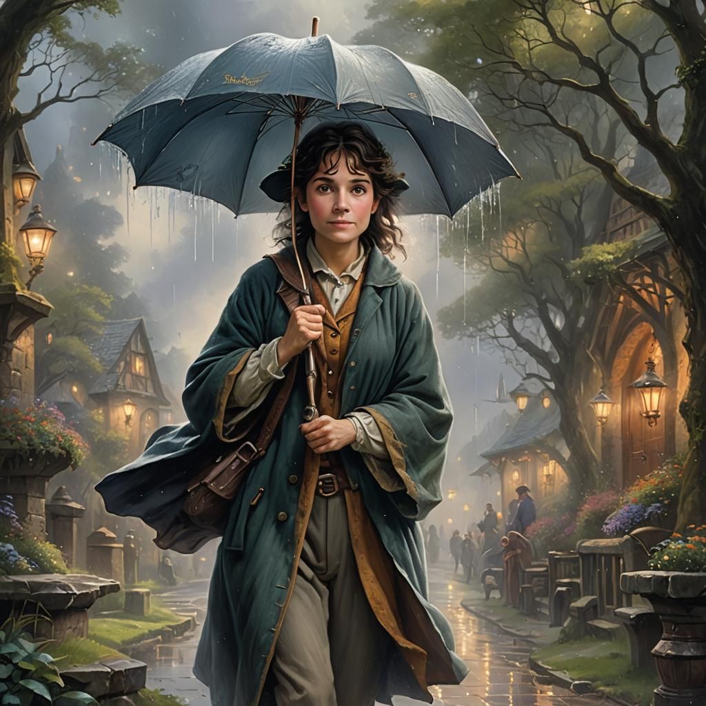 Female Hobbit with Umbrella in Ethereal Fantasy Style