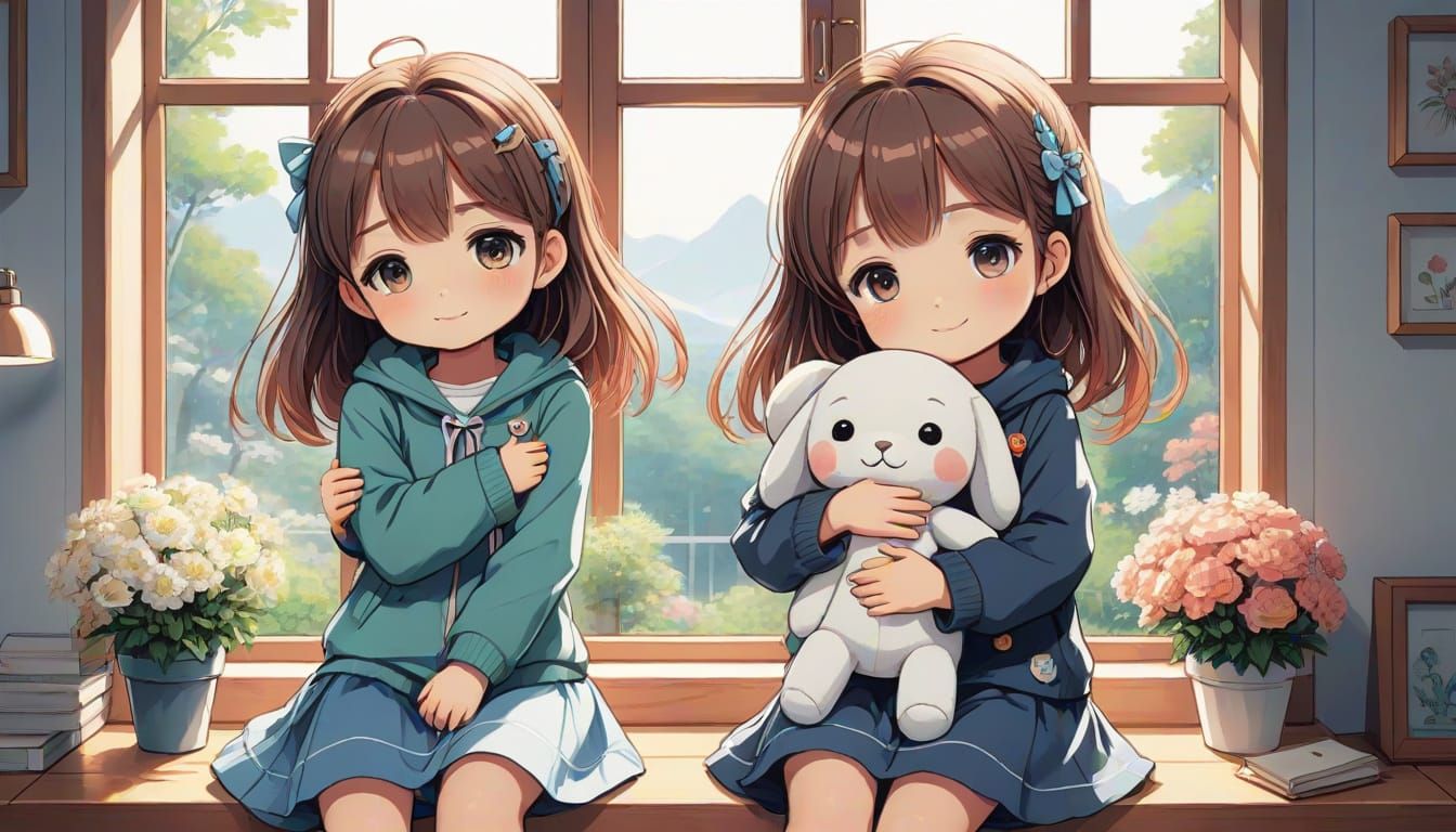 Cute Girl with Doll in Anime Line Art Style