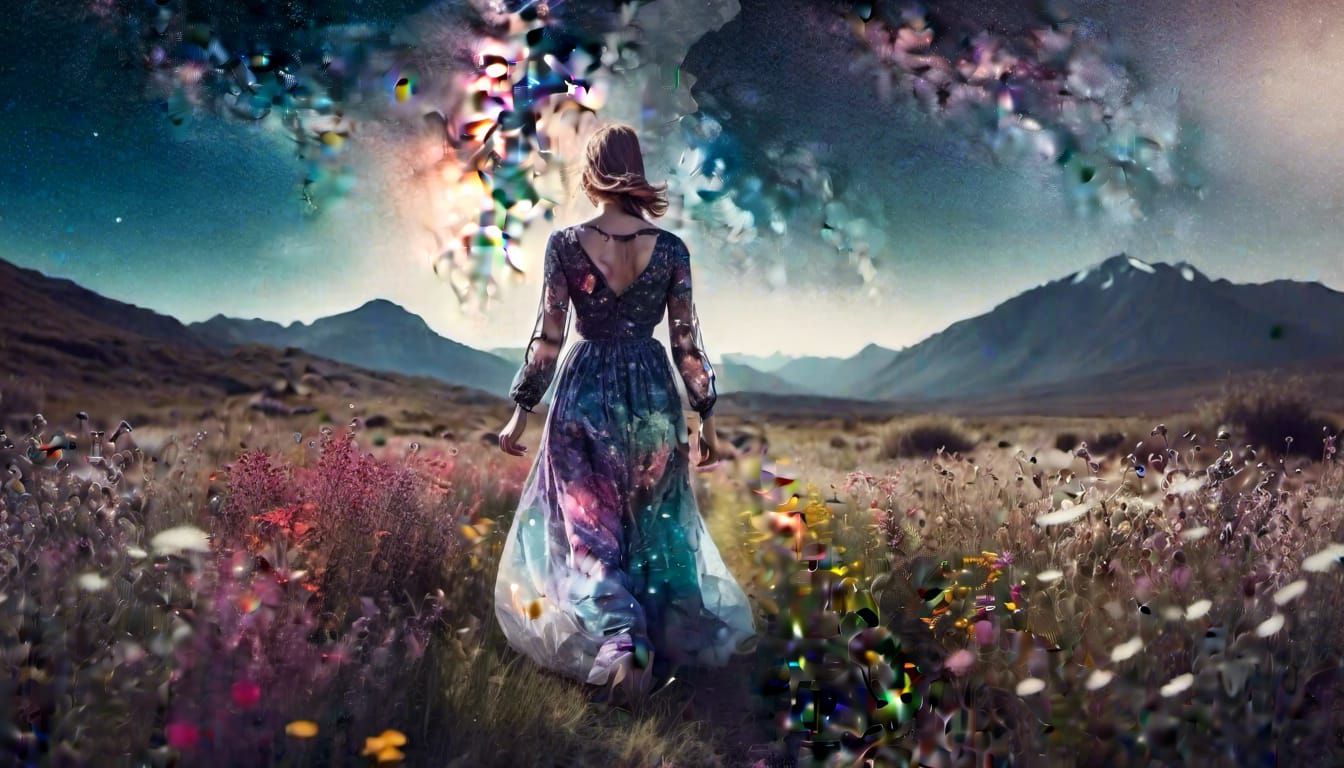 Woman in Wildflower Field with Galaxy Double Exposure