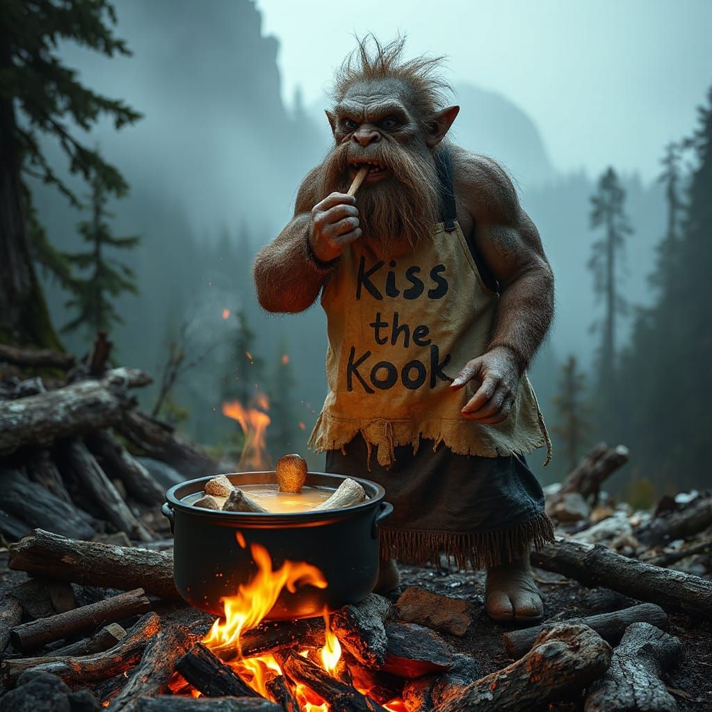 Hyperrealistic Mountain Troll Brews Bone Broth
