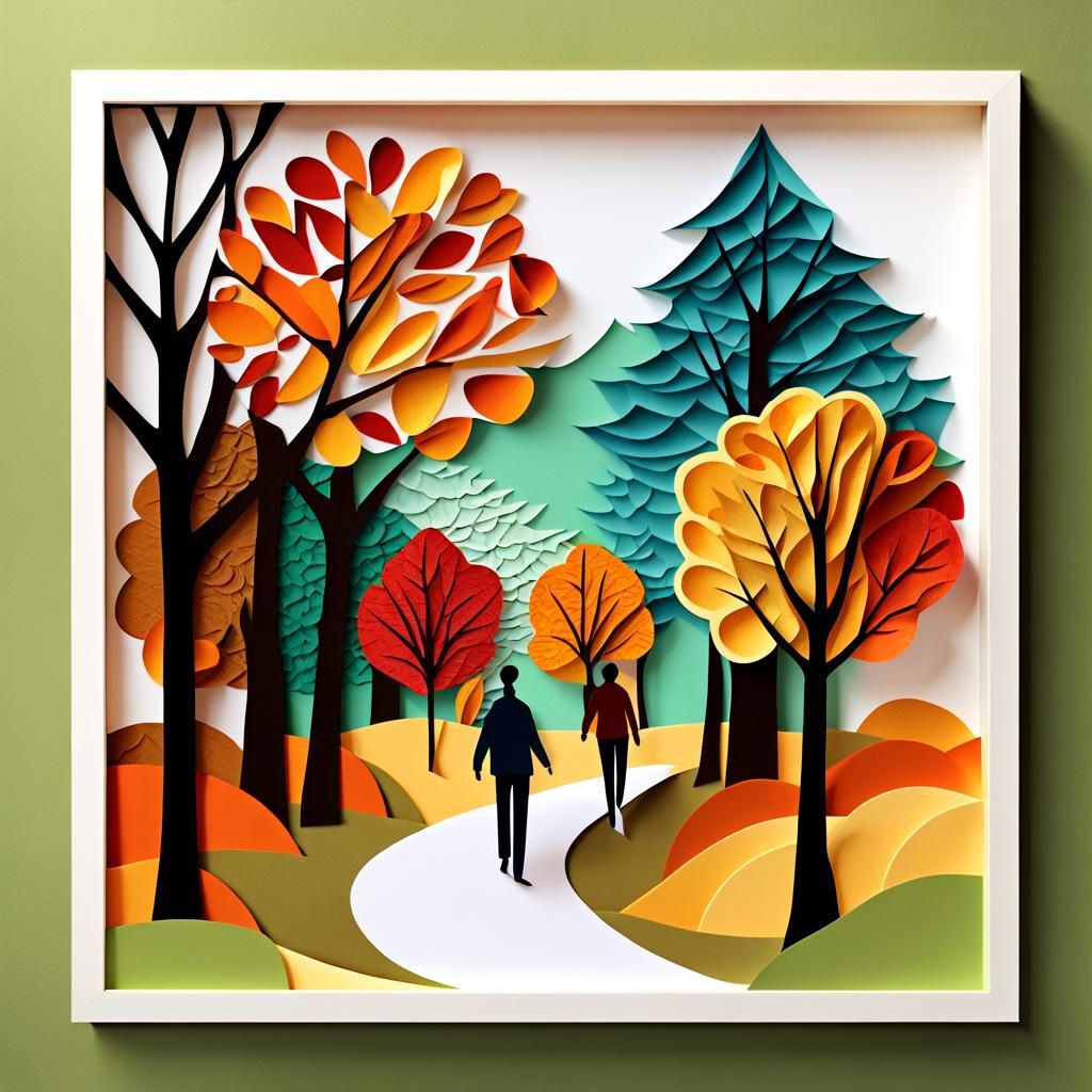 Autumn Couple in Park: Folk Art Paper Collage