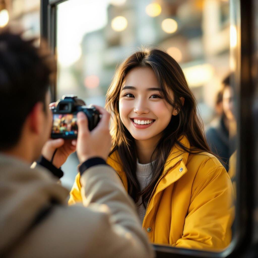 Joyful Asian Girl in Yellow Jacket, Candid Photo Moment