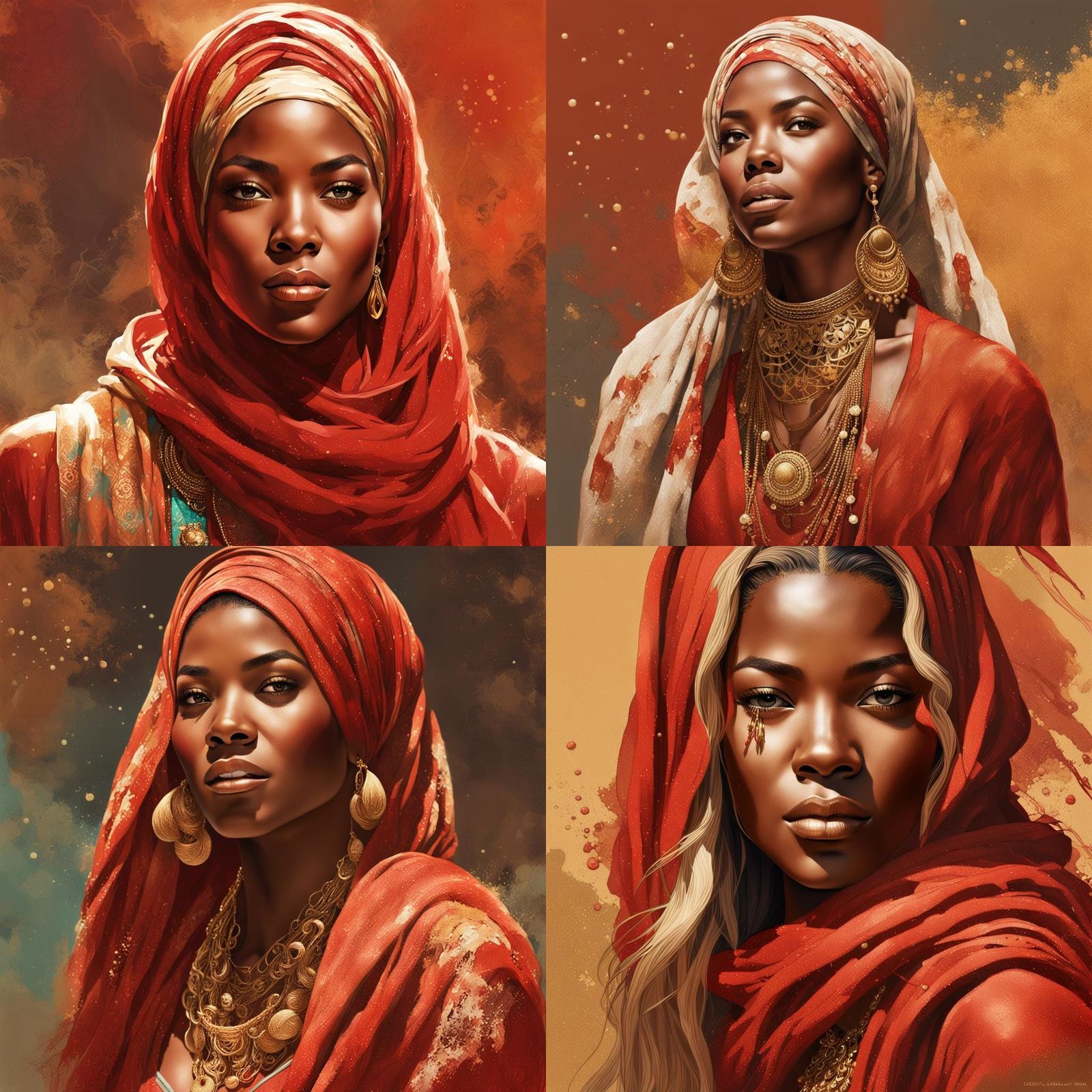 Gabrielle Union in Red Hijab, Hyperrealistic Portrait