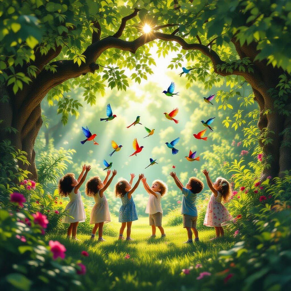 Children and Colorful Birds in a Magical Garden