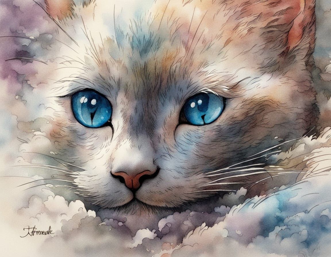 Ethereal Siamese Kitten Portrait in Watercolour