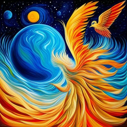 Jeweled Phoenix in Cosmic Neo-Impressionist Style