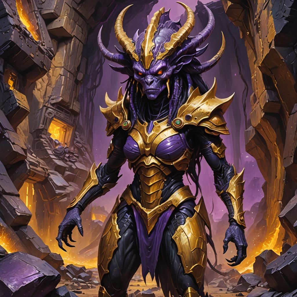 Alien Matriarch Guards Gold Mine in Dark Fantasy Art