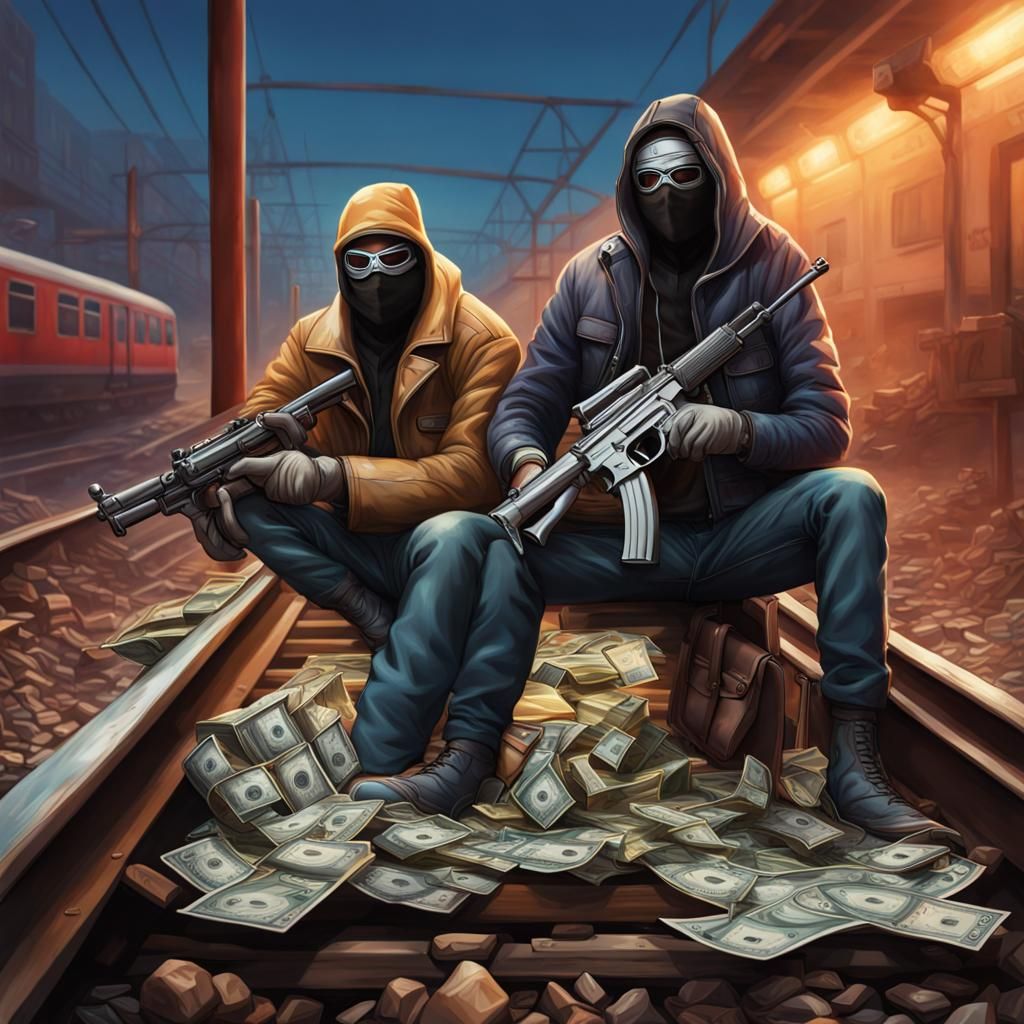 Ski-Masked Robbers Guarding Money on Train Tracks