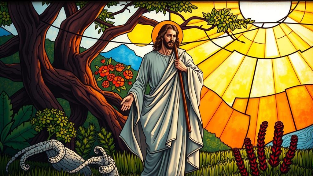 Jesus Christ in Stained Glass Landscape