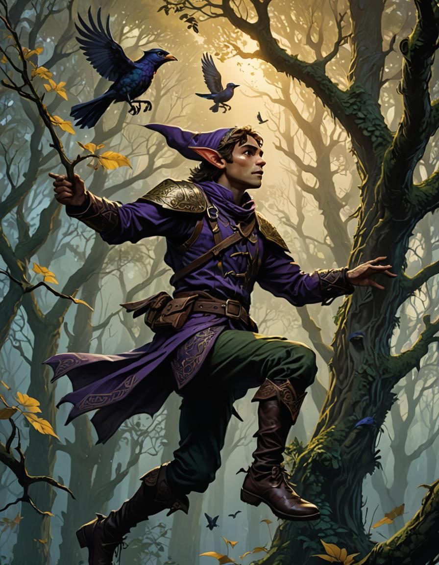 Ranger Elf Leaping to Catch Bird in Dark Fantasy