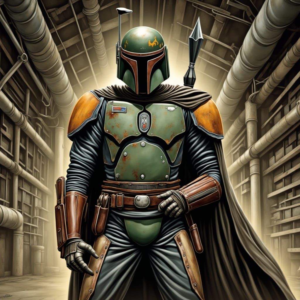 Mandalorian Bounty Hunter Jango Fett in Industrial Backdrop