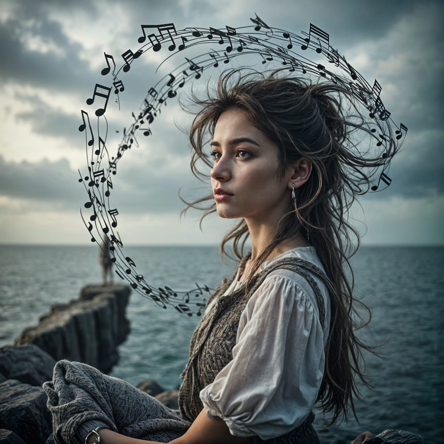 A Windswept Portrait in the Style of Musical Notes