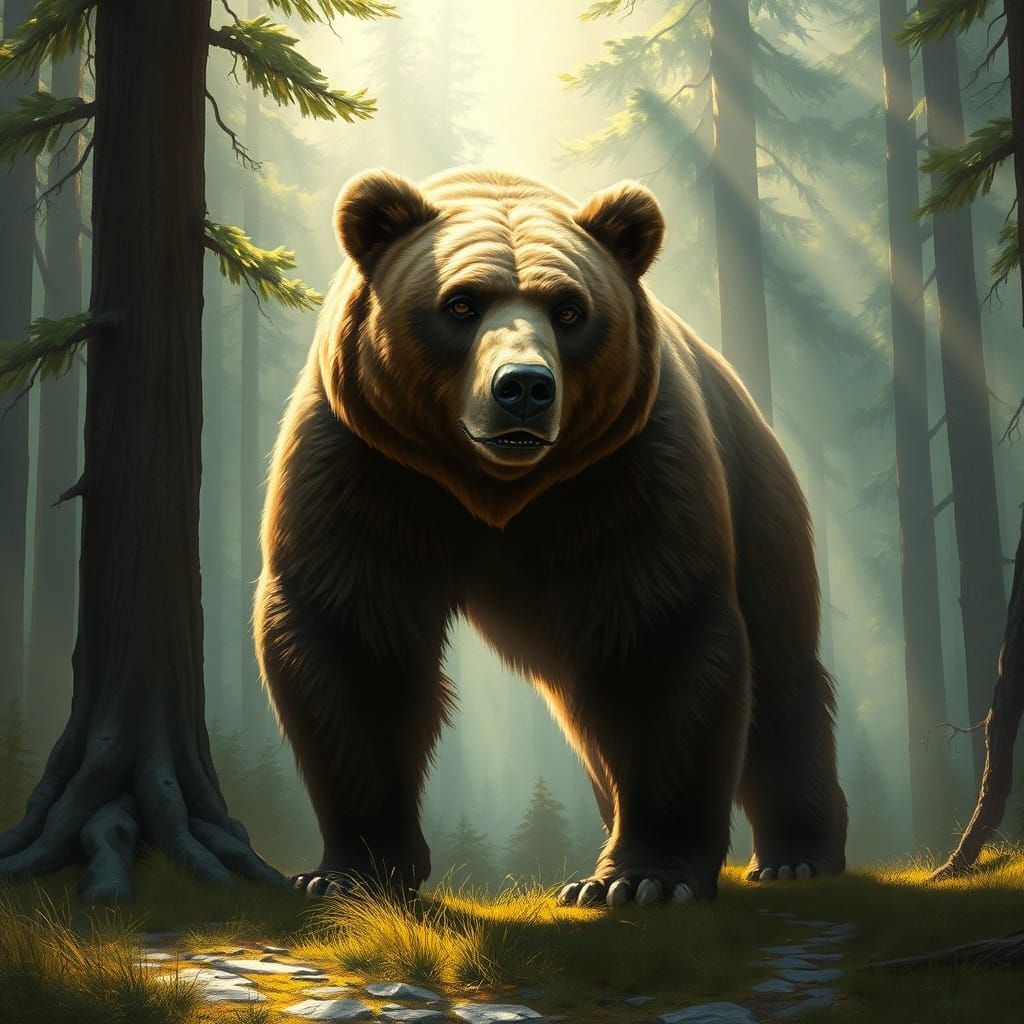 Grizzly Bear in Misty Forest Sunlight
