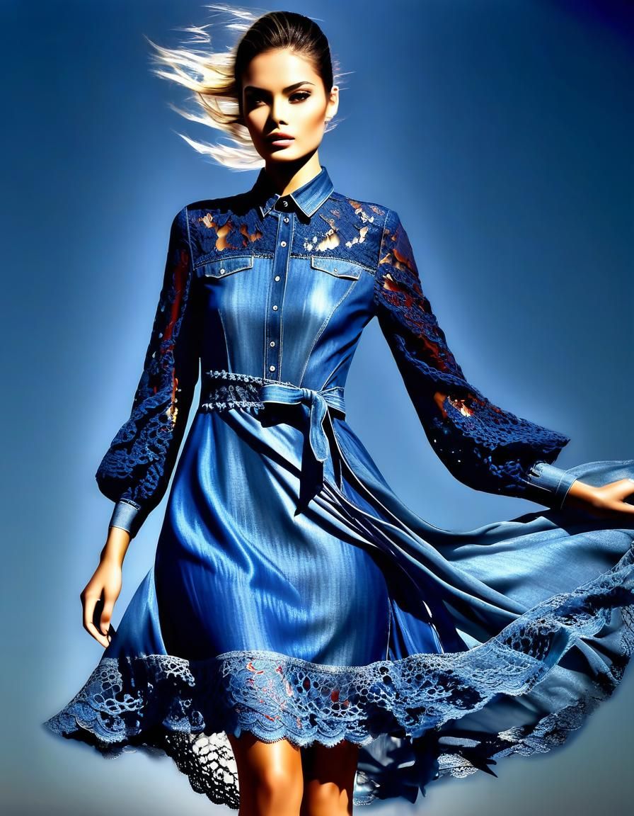 Double exposure cool beauty ,silky Lace haute couture big plastic denim dress flowing in the wind,  decor . LED illumita...