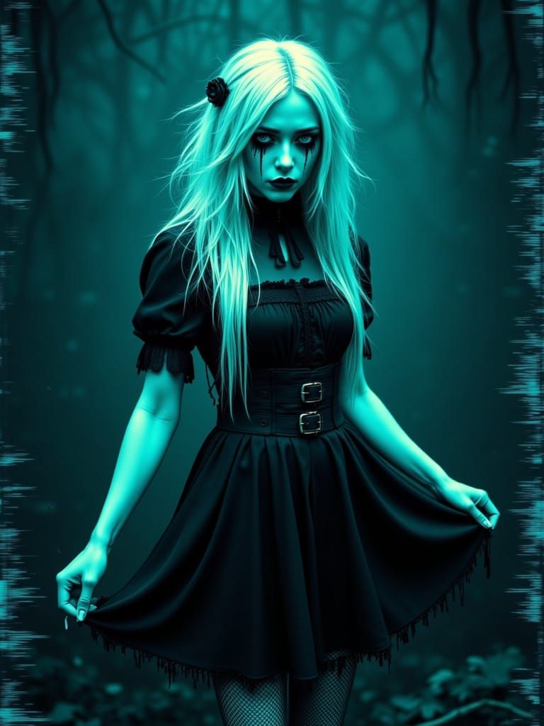 Gothic Ghostly Figure in Glitched Teal Void