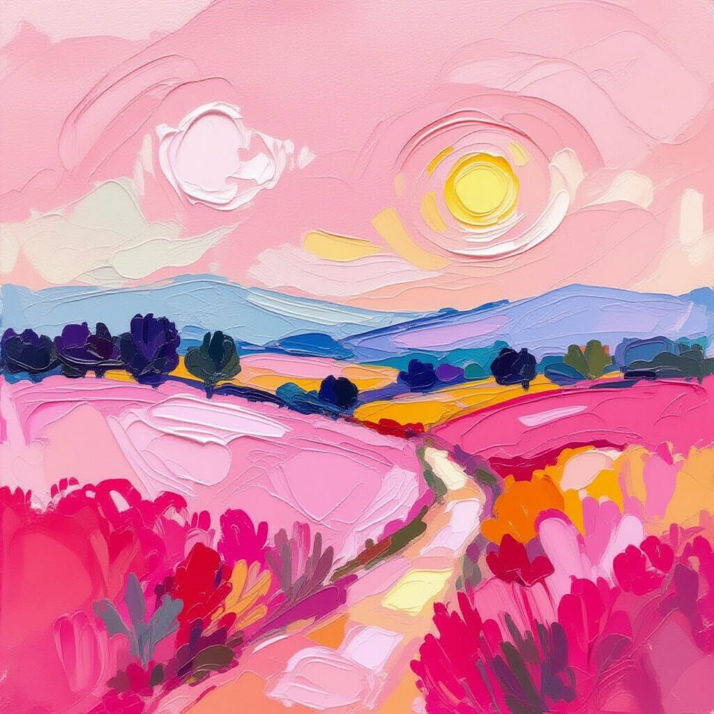Vibrant Pink Abstract Landscape in Impasto Style