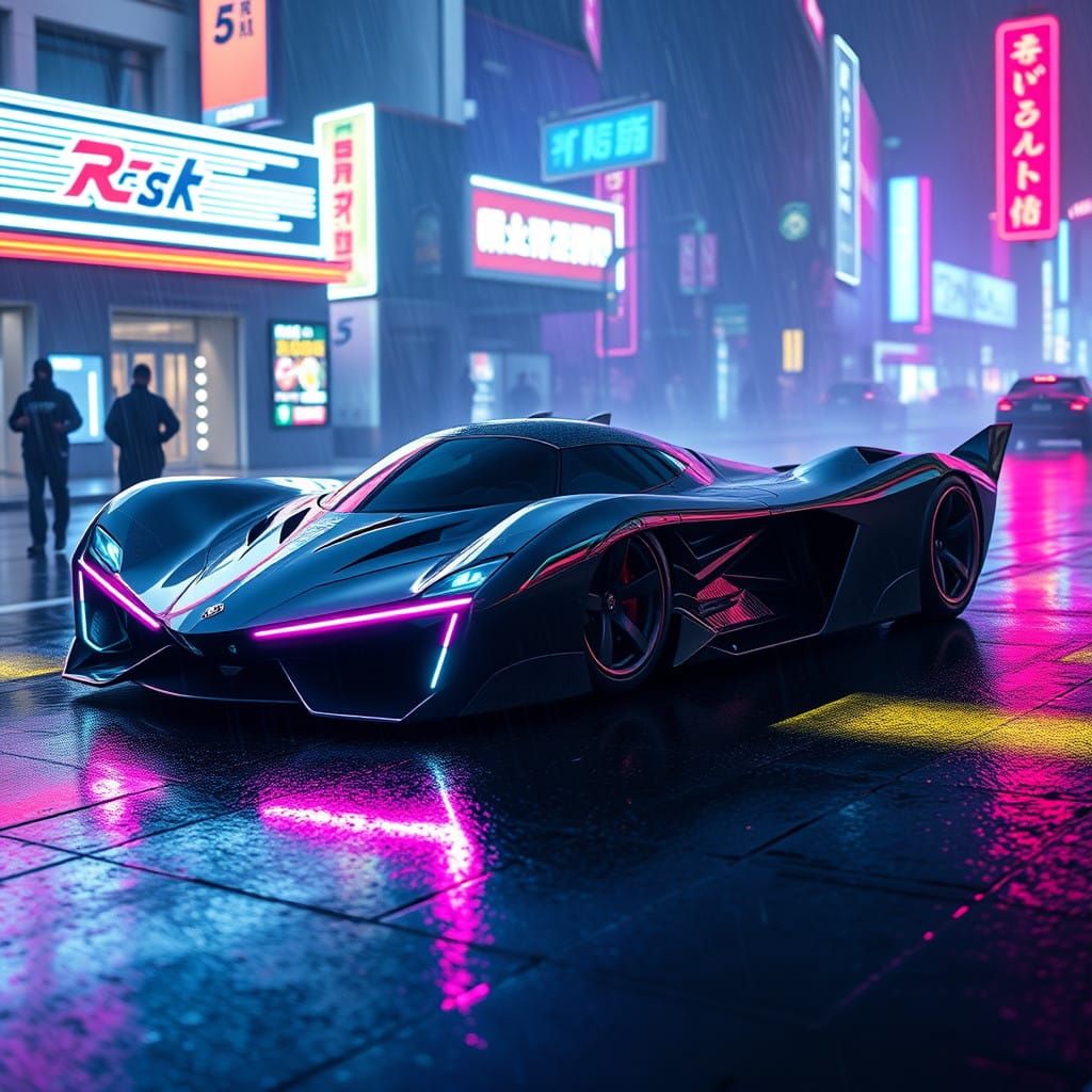 Cyberpunk Spaceship Car in Neon-Drenched Cityscape