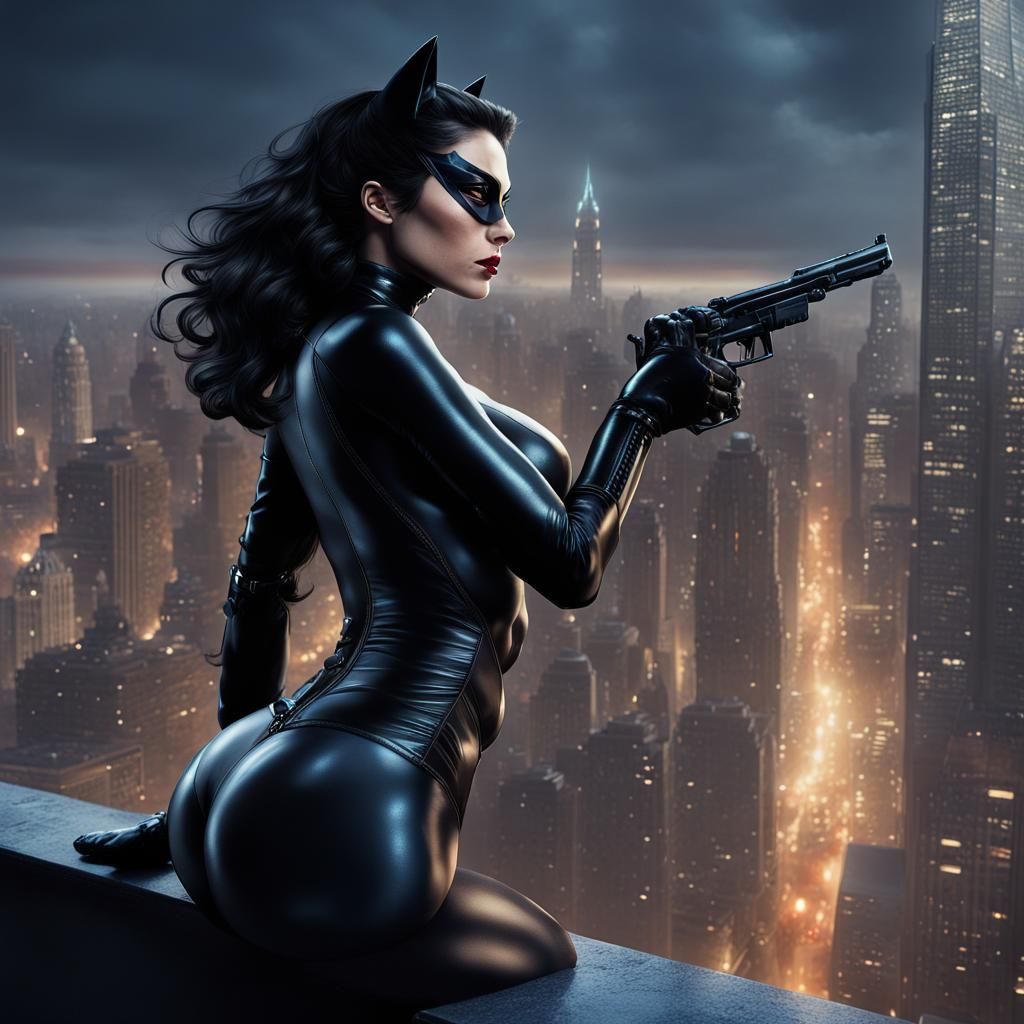 Catwoman on Skyscraper Edge: Detailed Matte Painting