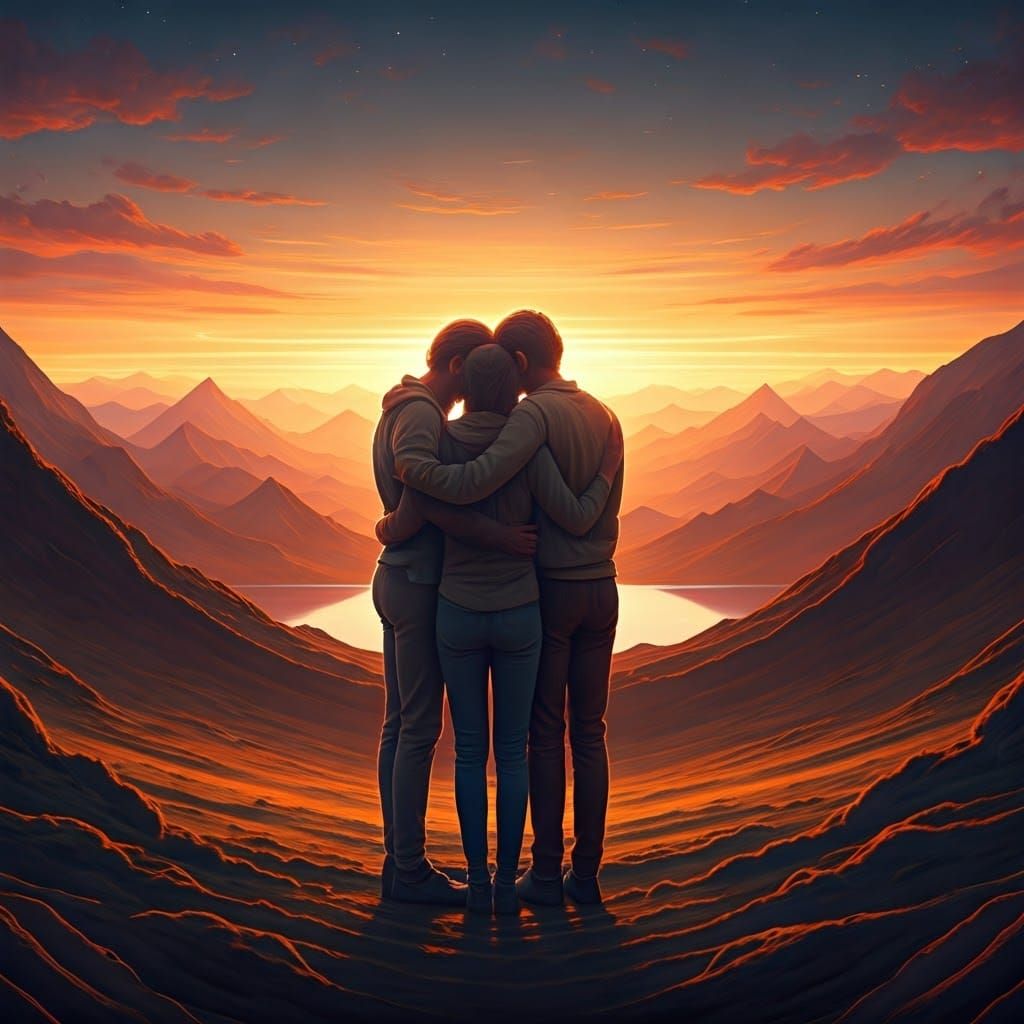 Family Embrace in Golden Light, Digital Matte Painting