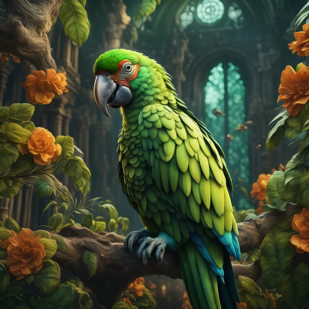 Detailed Green Parrot Fantasy Concept Art