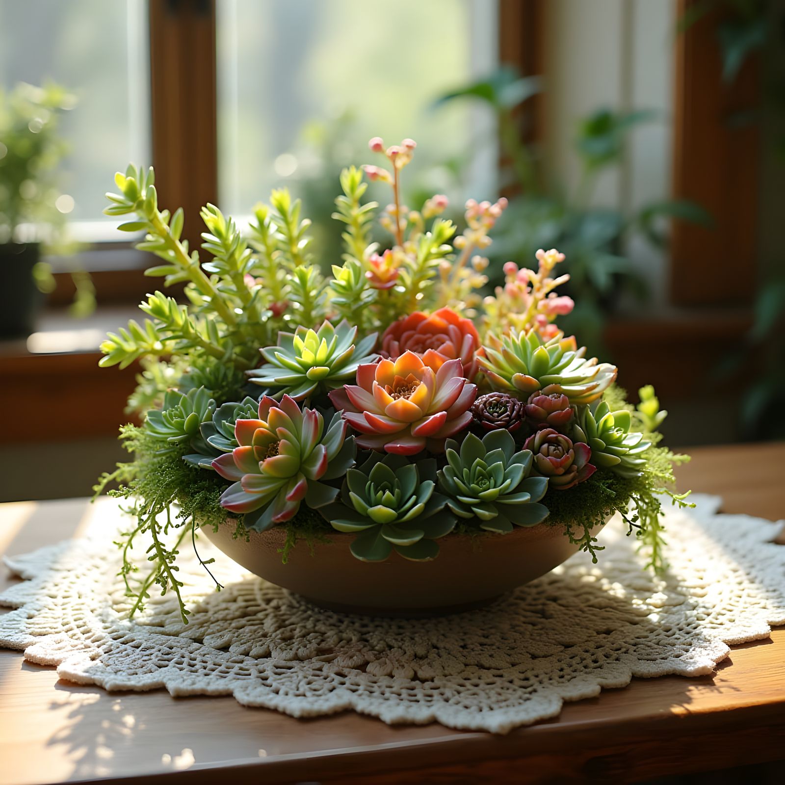 Vibrant Succulent Bouquet on Antique Oak Table