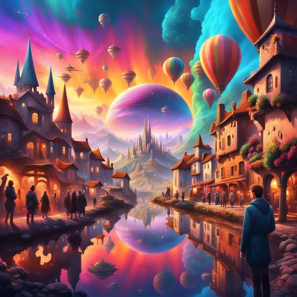 je ziet een reusachtige spiegel aan de ene kant zie je een middeleeuws dorp waar mensen naar de spiegel kijken aan de an...