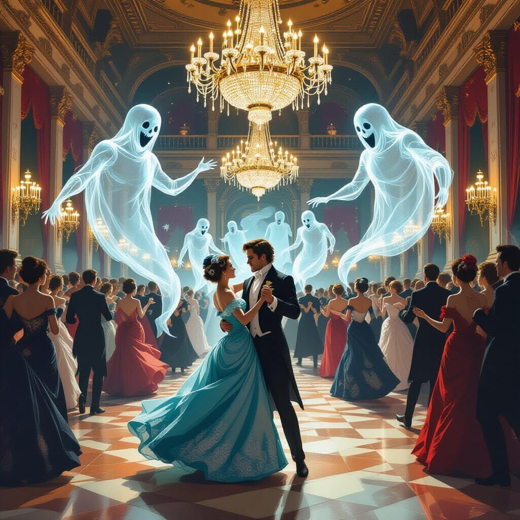 Elegant 19th Century Ball with Dancing Couples and Ghosts