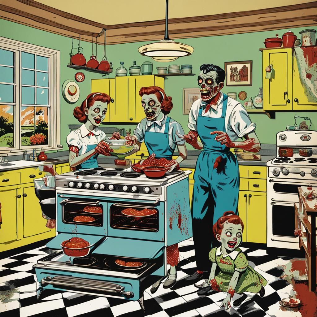 Happy Zombie Family Dinner in Retro Kitchen
