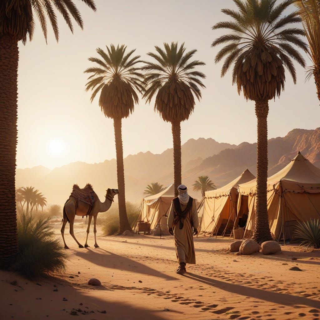 Warm Desert Oasis Scene in Vibrant Oil Painting Style