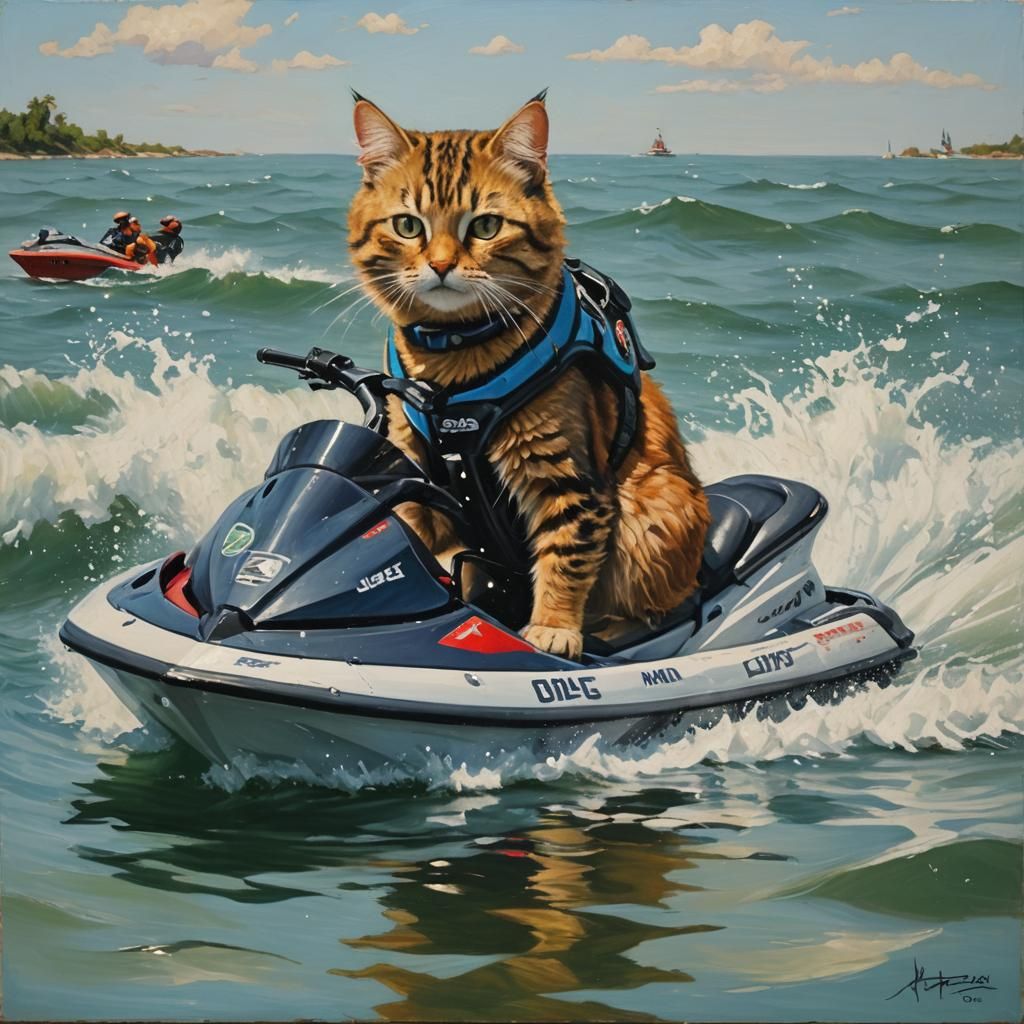 Jetski Cat: Oil Painting in Gurney Style