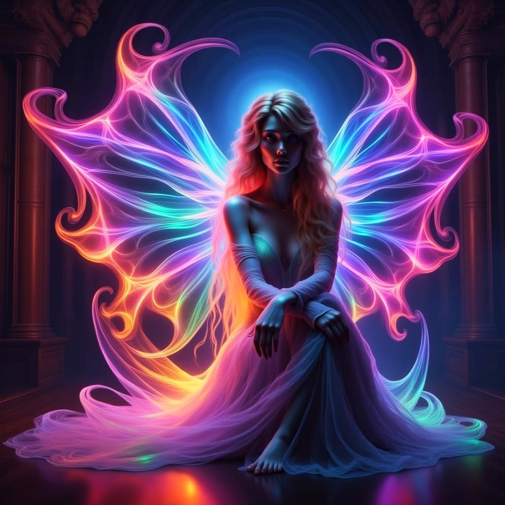 Spectral Fairy and Dragon in Neon Holographic Swirls