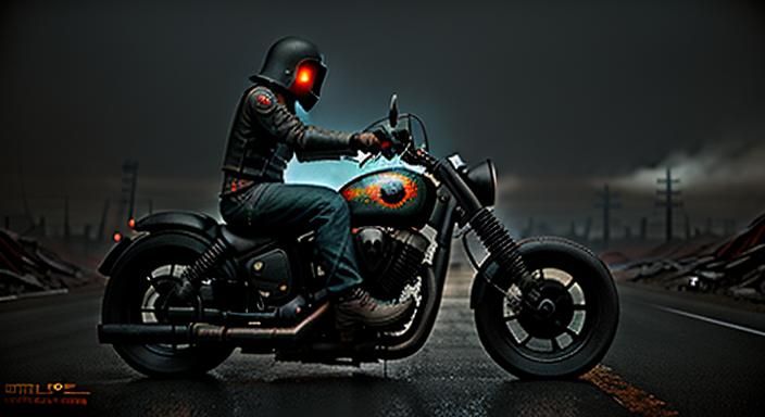 Dystopian Motorcycle Gang in Apocalyptic Horror Landscape