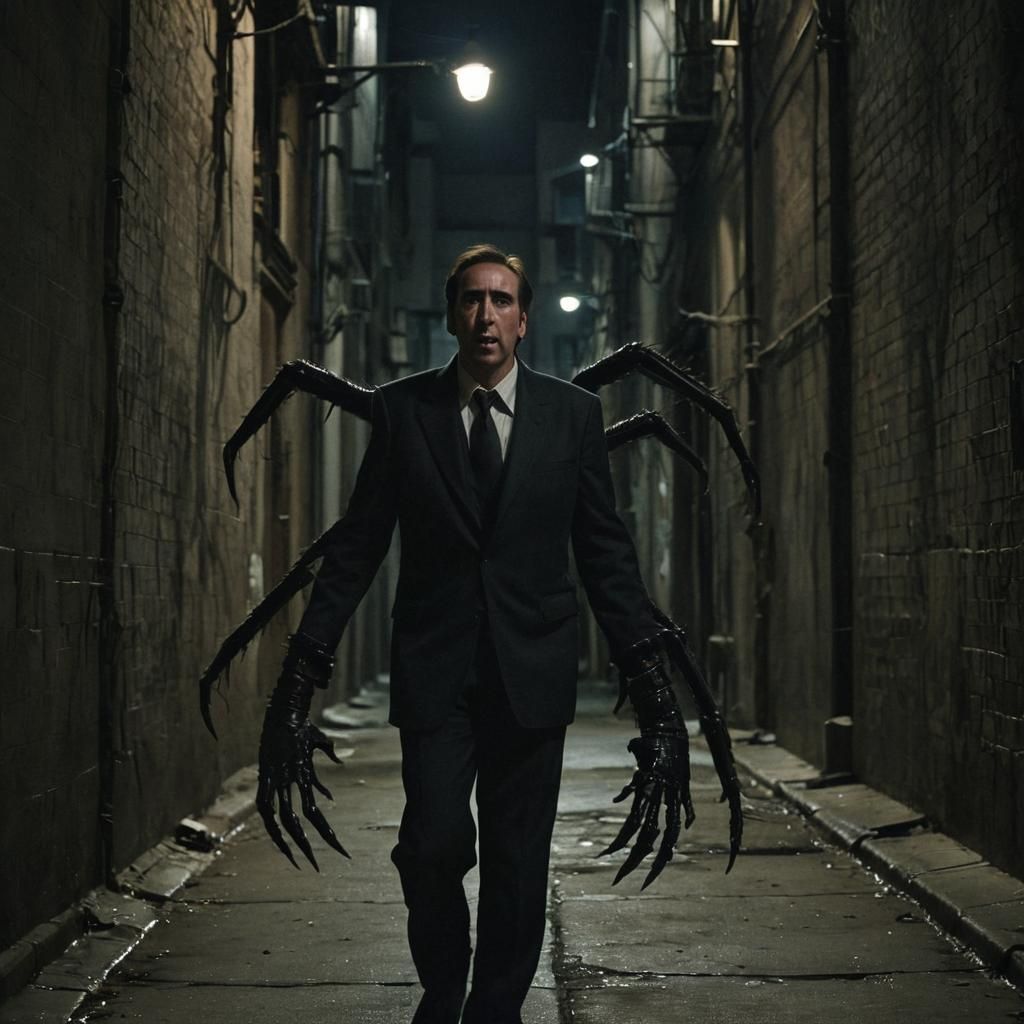 Eerie Nicolas Cage Manspider in Dark Alleyway